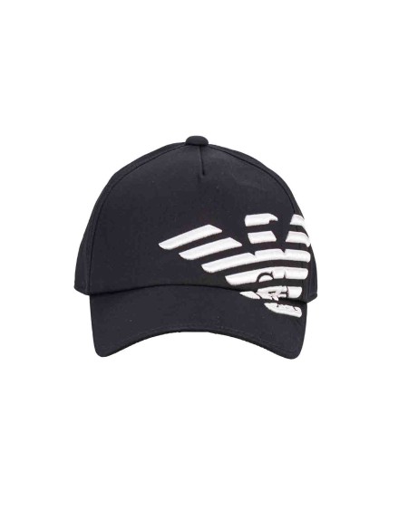 Shop EMPORIO ARMANI  Hat: Emporio Armani beachwear baseball hat with raised eagle embroidery.
Color: black.
Cotton.
Logo embroidery.
Rigid visor.
Composition: 100% cotton.
Made in China.. 627470 4R583-0020